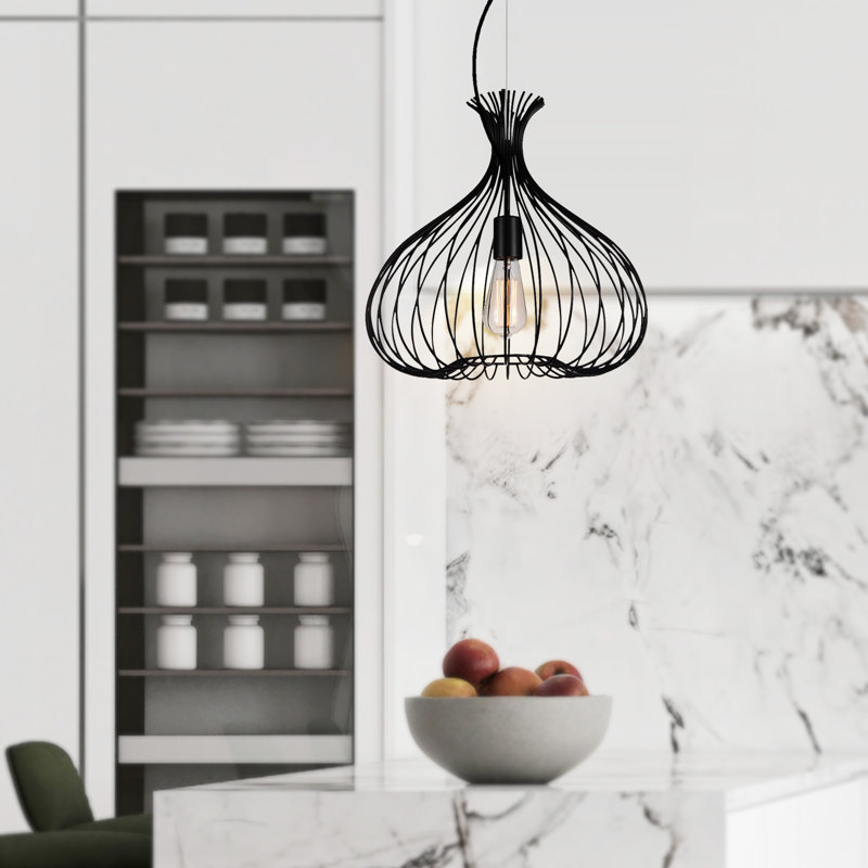 16'' 1-Light Down Pendant with Black Finish For Kitchen, Dining Room, Entryway – E26 Base, Bulb Not Included – Onion-Shaped Metal Cage Design, Rustic Modern Style