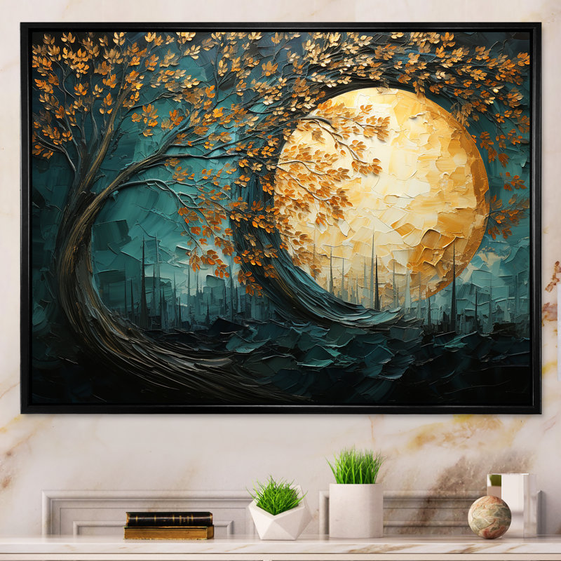 Golden Emerald Forest I - Abstract Spirals, impressions sur toile, Cadre flottant noir, 12" H x 20" W