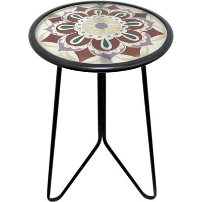 Outdoor Side Table, 12" Small Outdoor Side Table With Glass Top, Weather Resistant Patio Side Table For Outside, Indoor Round Home Decor End Table & Accent Table, Decorative Plant Table Stands