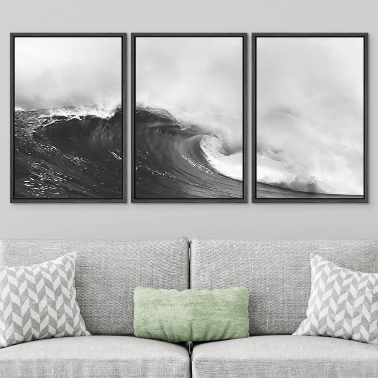 Coastal Beach Black and White Nautical Ocean Beach Waves Neutral Framed Canvas 3 Pieces Print Large Wall Art