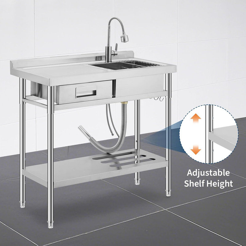 Stainless Steel Utility Sink, Freestanding Single Bowl Sink with Right Drawer and Workbench, Commercial Laundry Sink with Retractable Cold&Hot Water Faucet and Hooks, for Kitchen Garage Indoor&Outdoor