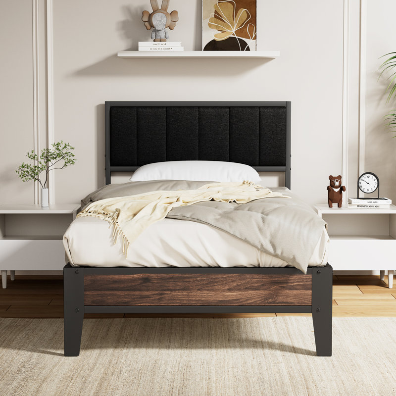 Upholstered Bed Frame with Headboard Platform Bed Frame, Black, Twin XL