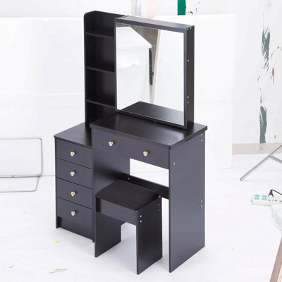 37" Left Bedside Cabinet Dressing Table + Cushioned Stool, Extra Large Right Sliding Mirror, Multi Layer High Capacity Storage, Practical Fashionable Makeup Vanity Table Set