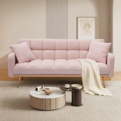 Classic Teddy Fabric Upholstered Convertible Futon Sofa Bed with 2 Throw Pillows by Everly Quinn