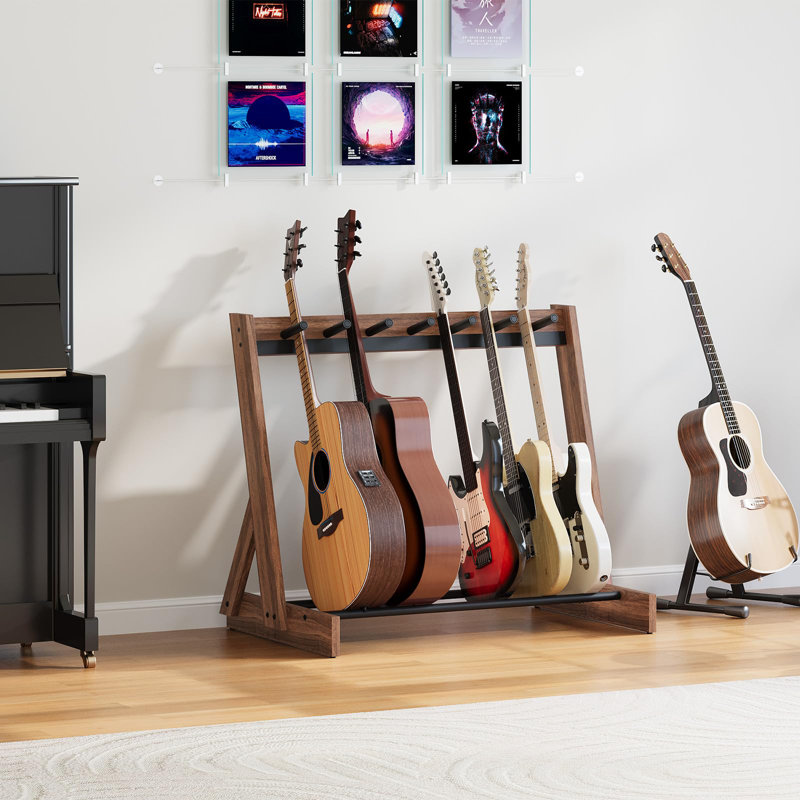 Support de guitare, support de guitare en bois dur pour plusieurs instruments, rangement multi-guitare pour 3 acoustique, 5 à 6 électrique ou basse, support de plancher en bois, support de support à instruments, pour studio de musique à domicile, noyer et noir