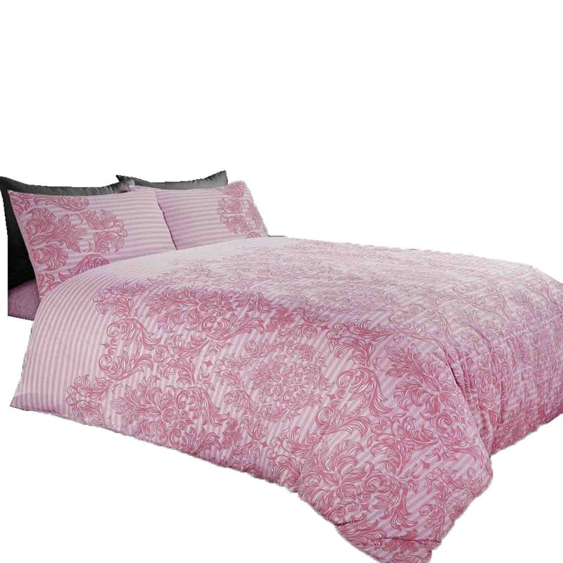 Damask Pattern Duvet Cover Set with Matching Pillowcases - Polycotton Bedding Set - Washable, Super King, Blush Pink
