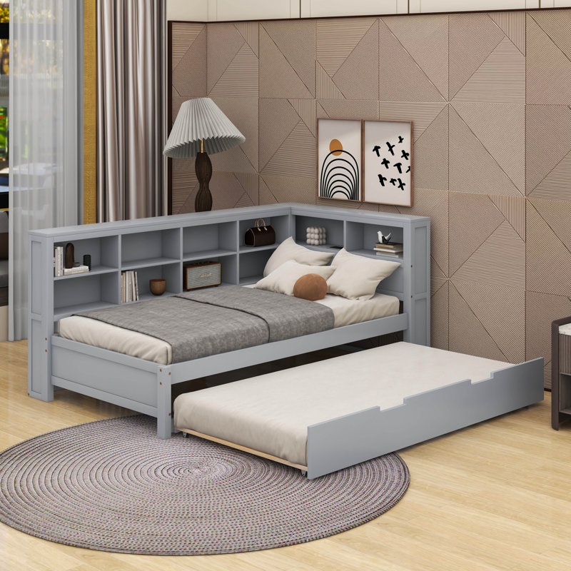 Twin Size Daybed With Trundle, Shelf And USB, Gray