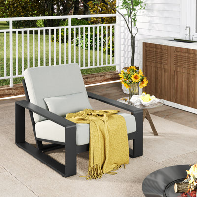 Outdoor And Indoor Aluminum Lounge Chair, Black Finished Frame With Grey Cushion