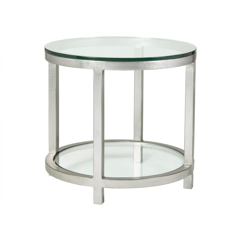 Elegant Transitional Silver Leaf Round End Table with Glass Top