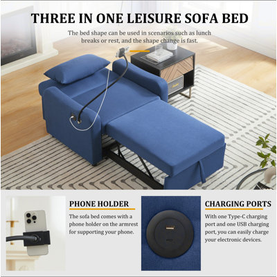 Canapé-lit, canapé-lit convertible 3 en 1 avec dossier réglable, support pour téléphone et port USB, type C, fauteuil inclinable réglable, fauteuil pour salon, chambre à coucher, petit espace
