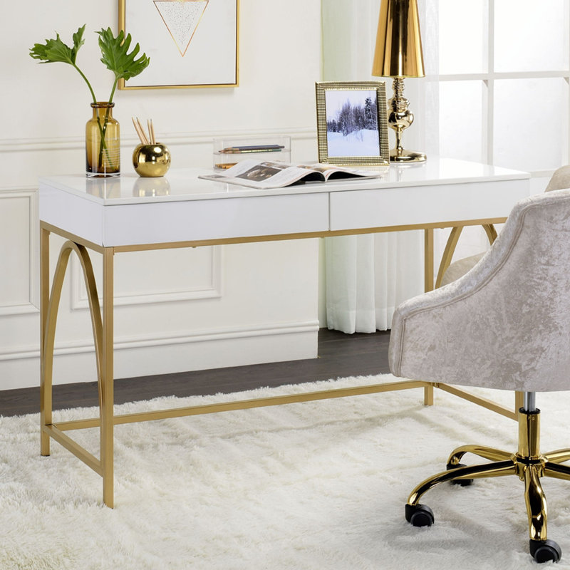 Bureau 2 tiroirs avec base à tréteaux en métal, blanc brillant et doré