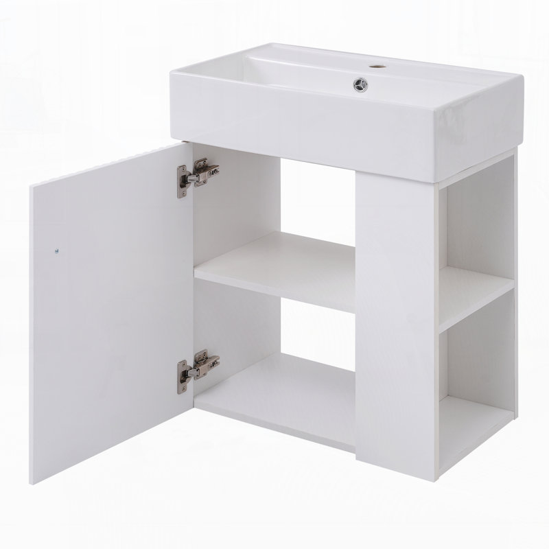 Meuble-lavabo flottant moderne de 21,6 po avec lavabo en céramique, rangement à droite, Blanc