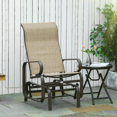Fauteuil coulissant brun clair. À bascule en douceur, léger. 28 po avec support pour le cou ergonomique. Maille respirante, eau. Résistant, supporte 352 lb. Fauteuil oscillant d'extérieur de jardin. Structure légère et solide