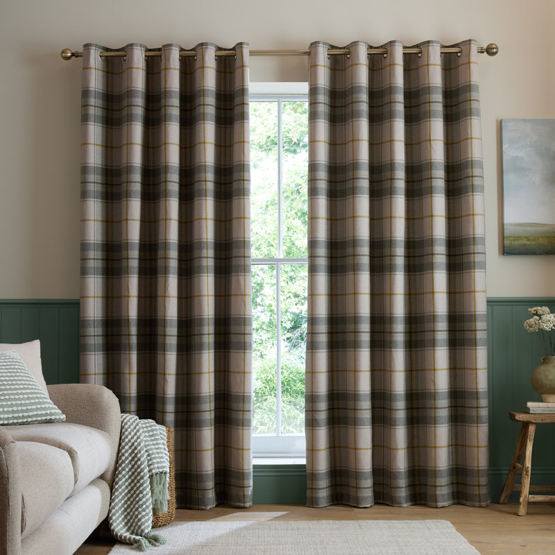 Brushed Woven Glencoe Check Thermal Eyelet Curtains, Green, 46 x 90 Inch