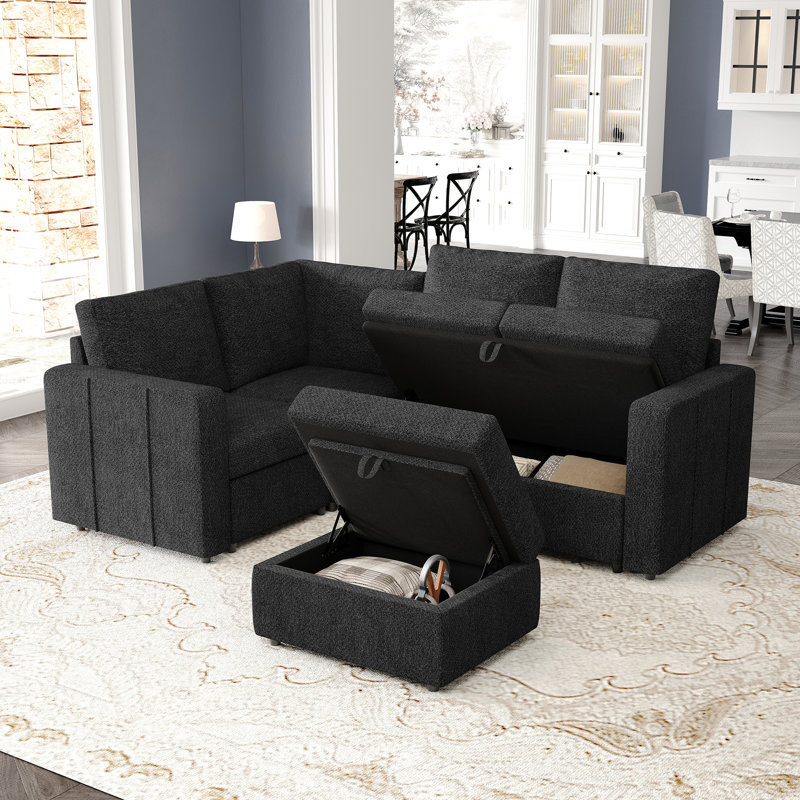 Canapé de rangement modulaire en L Aubade avec repose-pieds amovible, Chenille grise foncée