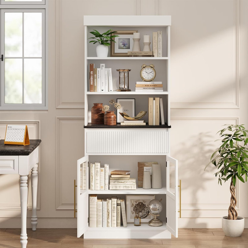 Armoire de rangement de 70 po de hauteur avec tiroir, 2 portes vitrées et 3 tablettes, armoires en bois pour la cuisine, le salon, la salle à manger et le vestibule
