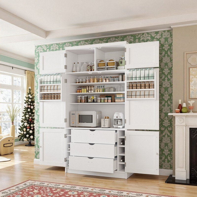 Kitchen Pantry Cabinet, 41.3" Wide Shaker Style Storage With Power Outlets & Adjustable Shelves, White