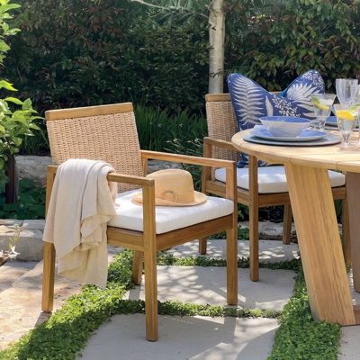 Dorset Organic Modern Coastal Outdoor Acacia Wood Dining Chair with Handwoven PE Wicker Backrest & Cushion