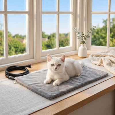 Coussin chauffant pour chat, lit chauffant pour animal de compagnie avec cordon résistant à la mastication et housse souple amovible, 23,6 po x 11,8 po, pour chat d'extérieur