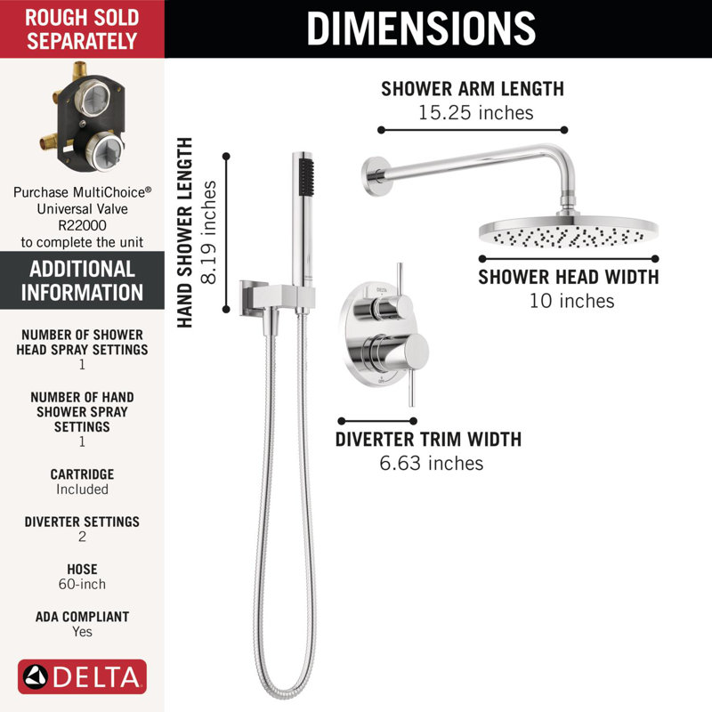 Modern Round Rain Shower System Faucet Set, Rainfall Shower Head and Handle Set Chrome, Chrome