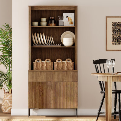 Garde-manger cannelé de 71,6 po de hauteur avec tiroir, armoire de présentation en bois avec portes et tablettes réglables, armoire moderne et polyvalente pour la salle à manger, la chambre à coucher