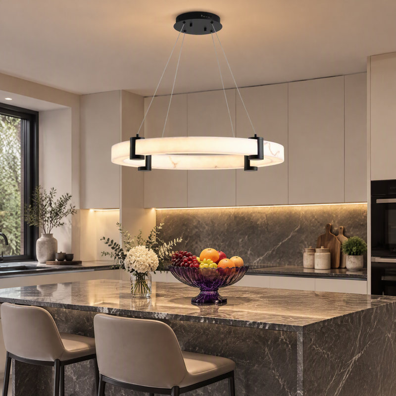 24" Modern Dimmable Integrated LED Ring Pendant Light, Faux Marble Resin Chandelier