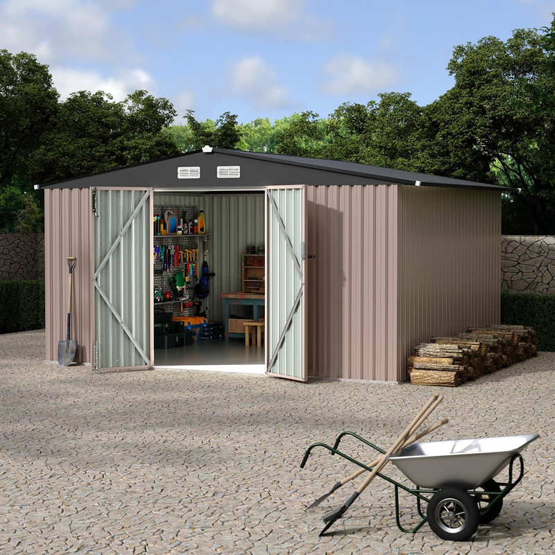 Remise de rangement en métal 10 pi x 12 pi avec plancher, porte verrouillable et évent, remise pour outils de jardin