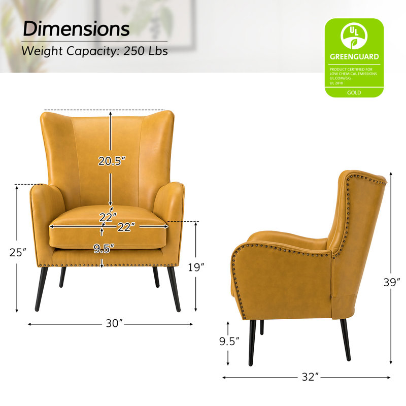 Fauteuil à oreilles 30 po Ebbert, Cuir végétalien jaune
