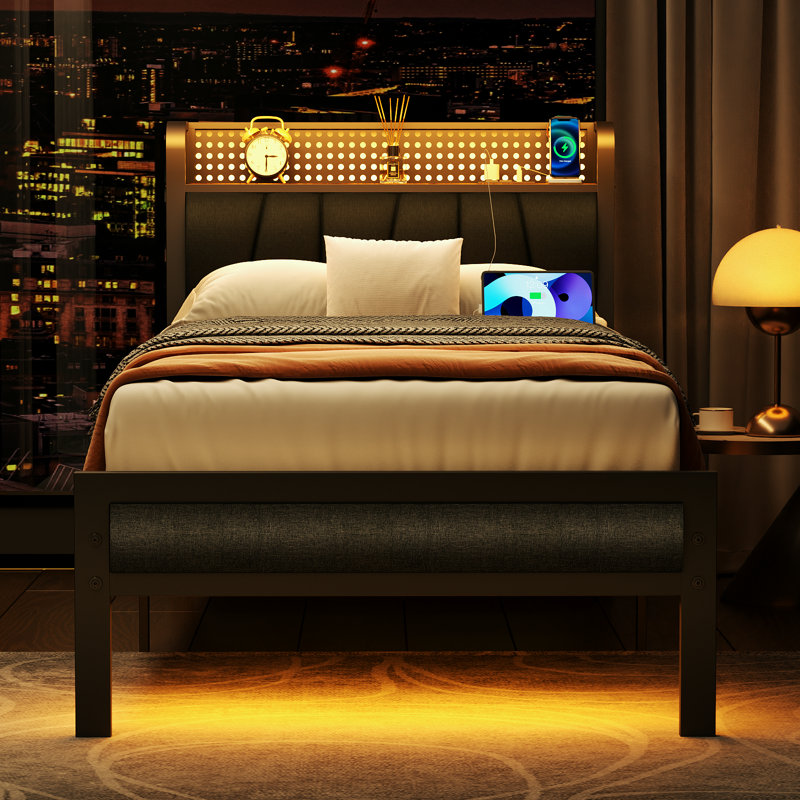 Metal Storage Bed with Upholstered Headboard, RGB LED Lights and Charging Station, Twin