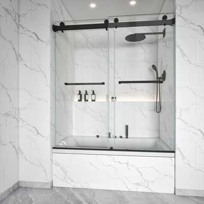 Porte de douche sans cadre Kavrton l 56 à 61 po x H 60 po, double porte coulissante en noir mat, verre trempé transparent de 3/8 po (10 mm) avec 2 barres à serviettes