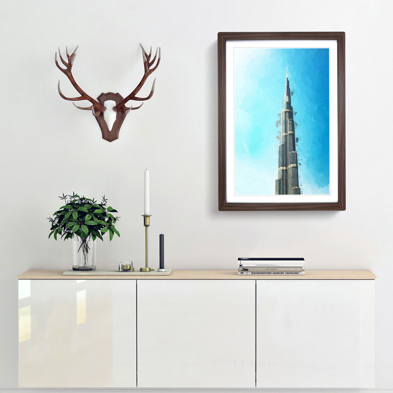 Point of the Burj Khalifa in Dubai in Abstract - Picture Frame Graphic Art Print, 60cm H x 40cm W x 2cm D, Walnut