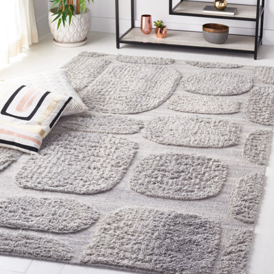 Tapis gris en laine et en coton tissé à plat à la main de couleur unie Brogun