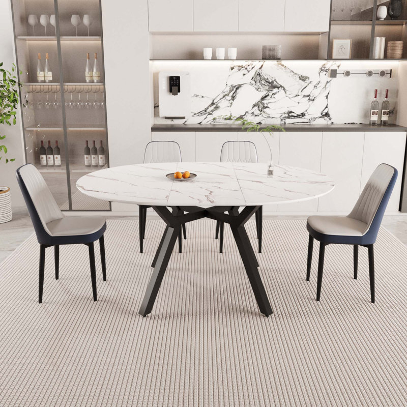 47-63" Expandable Circular Dining Tables , Equipped With 4 PU Fabric Thick Cushioned Dining Chairs And An Elegant And Spacious Dining Table, Kitchen Table And Chair, With Black Metal Legs