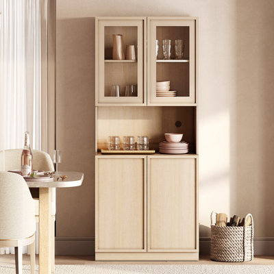 31.5" Wide Wood Sideboard Buffet with Glass Doors & Adjustable Shelves, 72" Tall Glass Display Storage Cabinet for Dining Kitchen