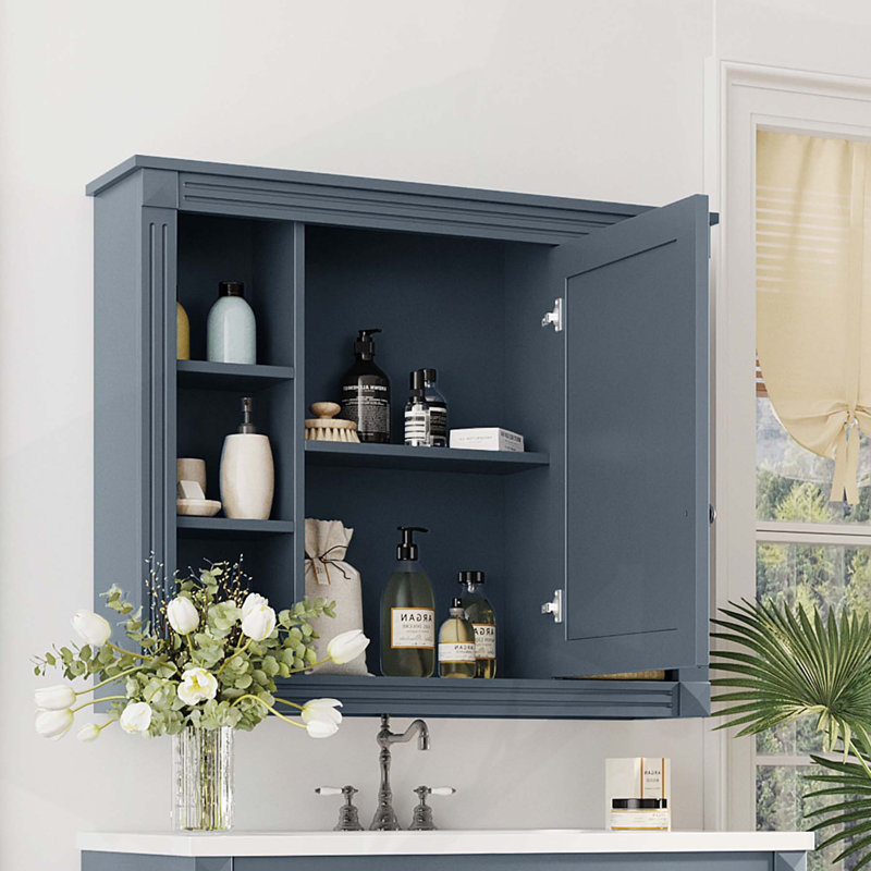 Armoire de salle de bain murale polyvalente avec plusieurs tablettes et un design élégant, Bleu