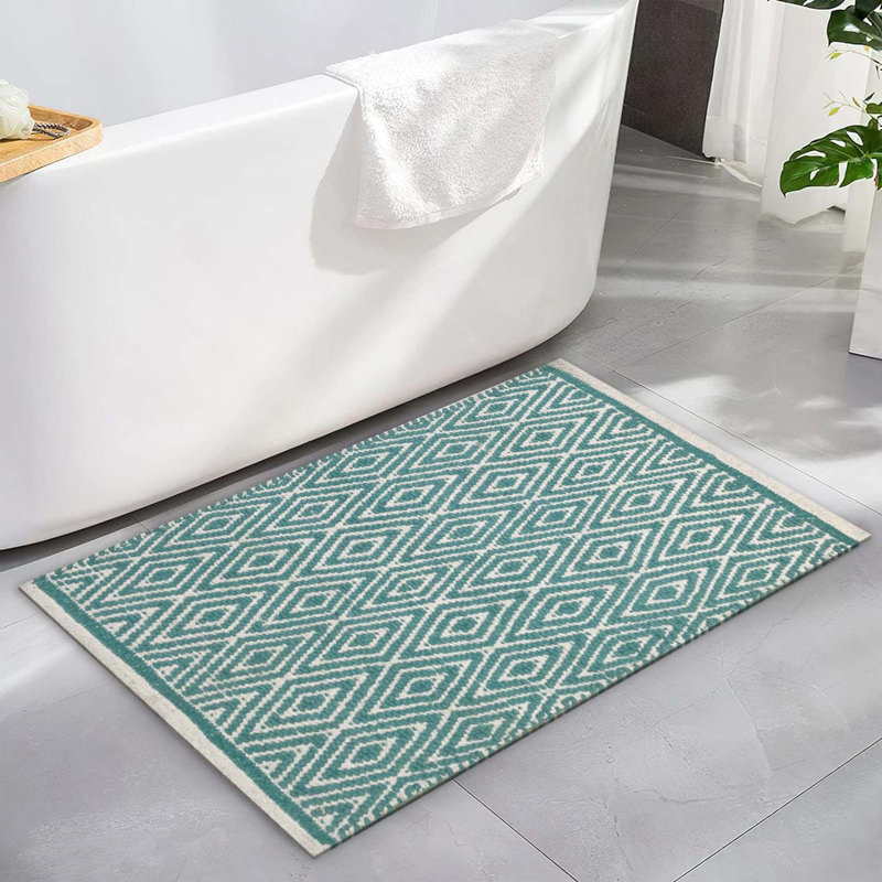 Tapis gris-beige en coton tissé à plat à la main à motif géométrique Siggers, Turquoise-BLANC
