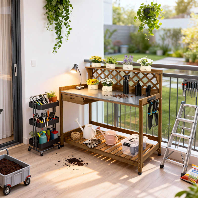 Table de rempotage extérieure en bois avec plateau en métal galvanisé et tiroir de rangement