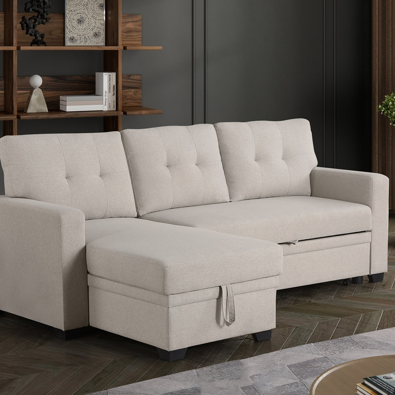 Canapé modulaire convertible rembourré avec méridienne coulissante, Lin beige, Orienté à gauche (vu de face)