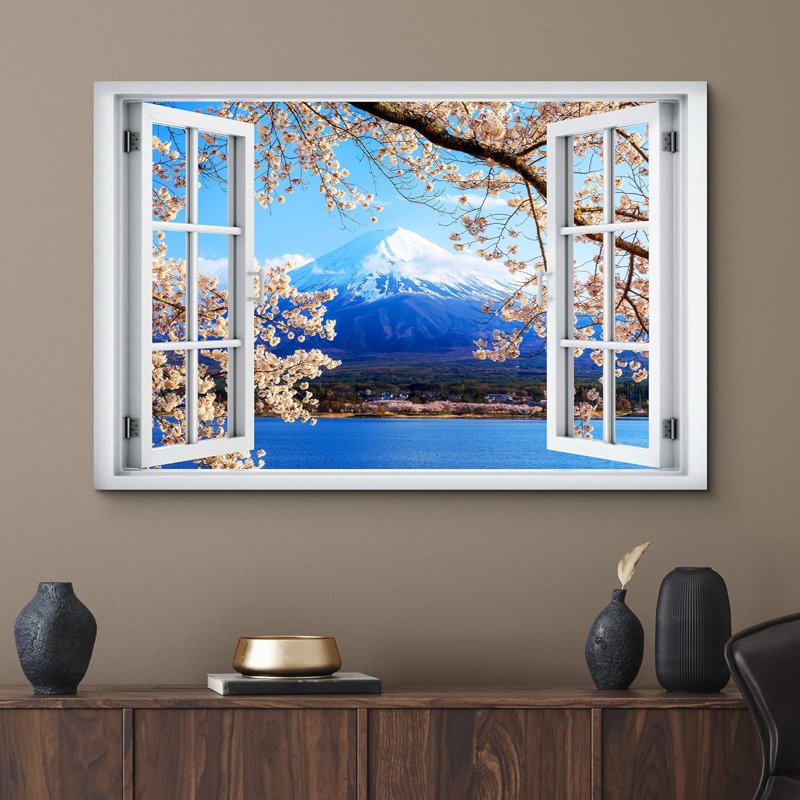 Fenêtre de paysage «Vue de la fenêtre Fleur de cerisier japonaise du Mont Fuji, images de la nature, paysage panoramique» sur toile