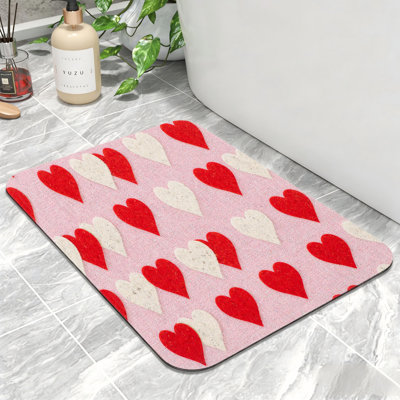 Tapis de bain rouge et blanc à motif de cœurs, 24 po x 36 po, antidérapant, salle de bain et chambre à coucher