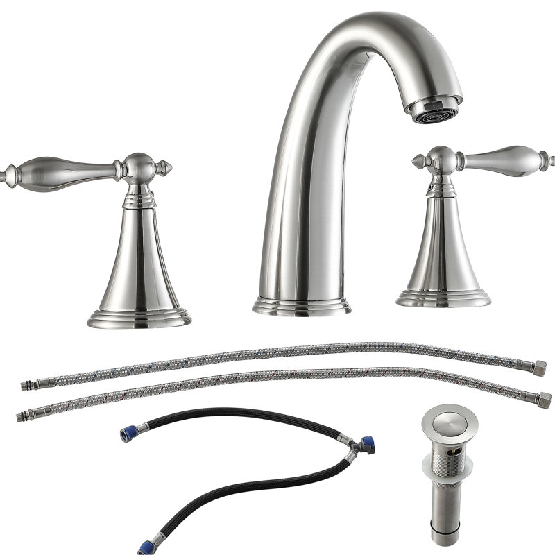 Robinet de salle de bain à 3 trous avec 2 poignées en nickel brossé - Fabrication en laiton et acier inoxydable pour une bonde escamotable fiable faite d'une longue durée de vie