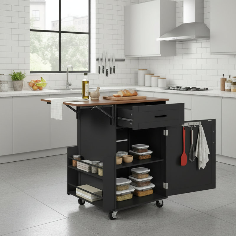 Black Farmhouse-Style Kitchen Island With Folding Tabletop, Storage Drawers, Open Side Shelf, Towel Rack, Lockable Wheels, And Rolling Trolley.