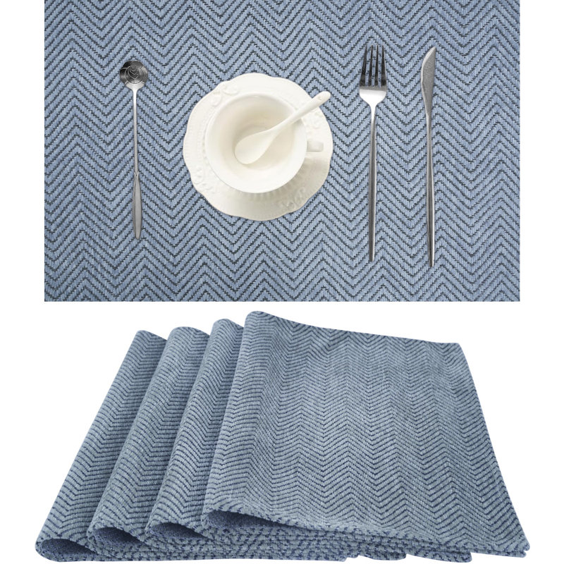 Ensemble de 4 napperons de table de salle à manger | Tapis décoratif à motif zigzag lavable, Bleu cendré