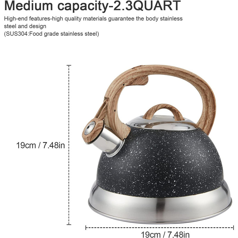 2.3 Quart Black Stainless Steel Whistling Tea Kettle with Wood Handle
