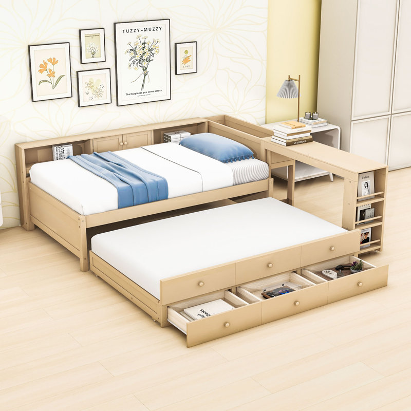Multifunctional L-Shaped Daybed with Trundle, Built-In Desk, Drawers and Storage Shelves, Twin, Golden