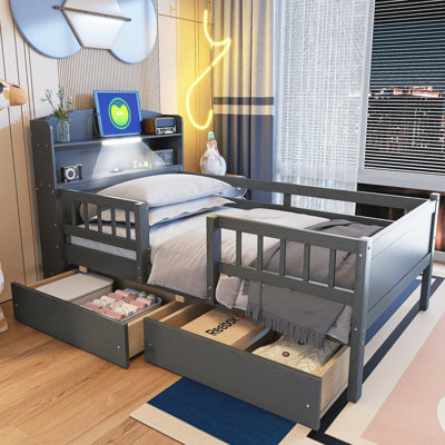 Lit plateforme en bois avec lumière DEL intégrée, tête de lit multifonctionnelle, garde-corps et 2 tiroirs