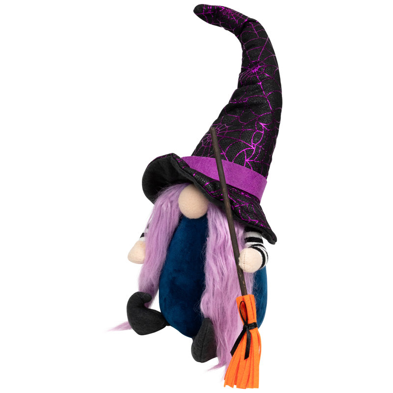 15" Black And Purple Halloween Gnome Witch With Broom