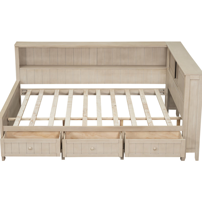 Lit de jour au lait blanc antique avec tablette et 3 rangements, structure en bois robuste pour une utilisation pleine grandeur Options de rangement 3 tiroirs, finition, structure à long terme