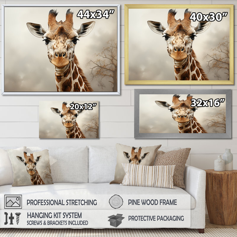 Élégance classique beige girafe - art mural girafe, H 16 po x l 32 po x P 1 po, Cadre simple blanc