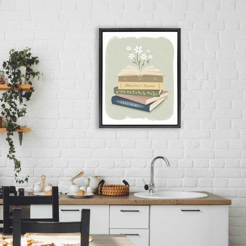 Open Book Stack Gardening Theme Floating Frame, design by Sandra Picco, Jet Black Floater Frame, 21" H x 17" W